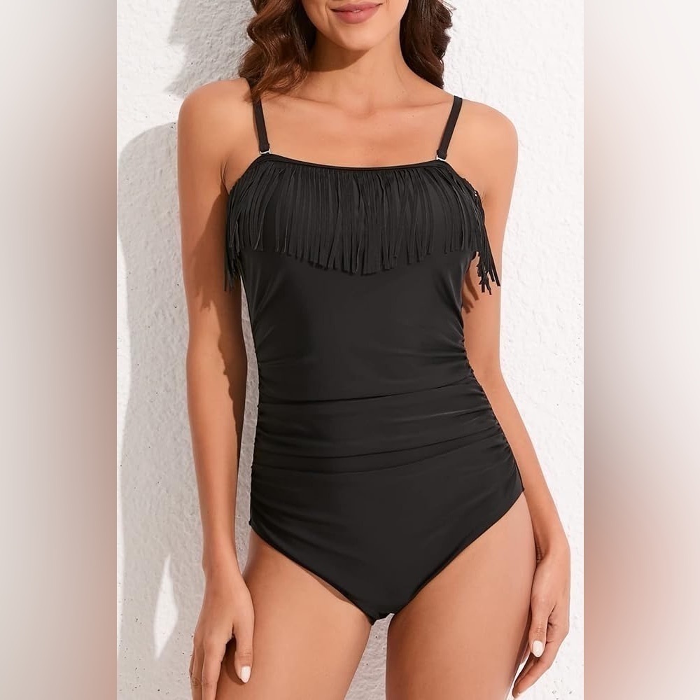 Smismivo Swimsuit Solid Black Fringe Women’s Size Medium Removable Straps NWT